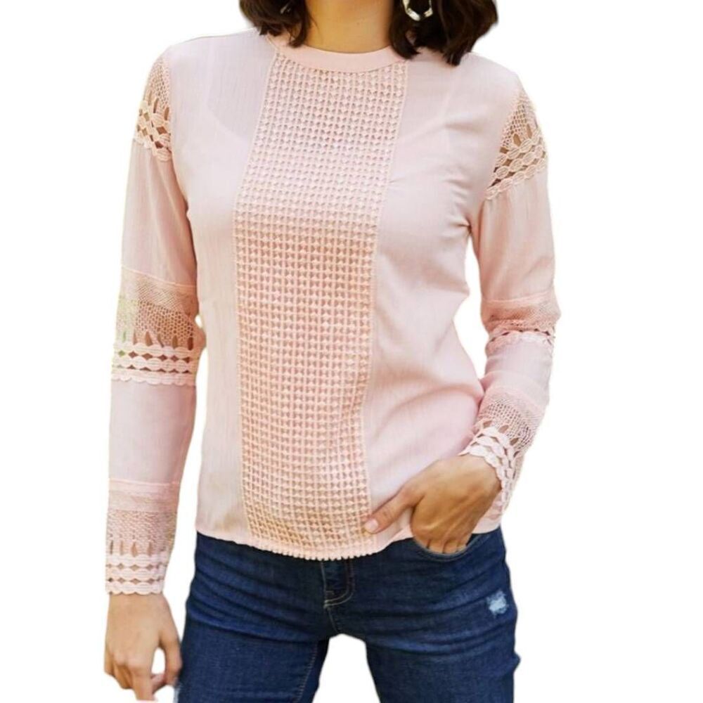 AQE Fashion Peach Lace Crochet Blouse Boho Sheer Textured Sz EU XL/US L